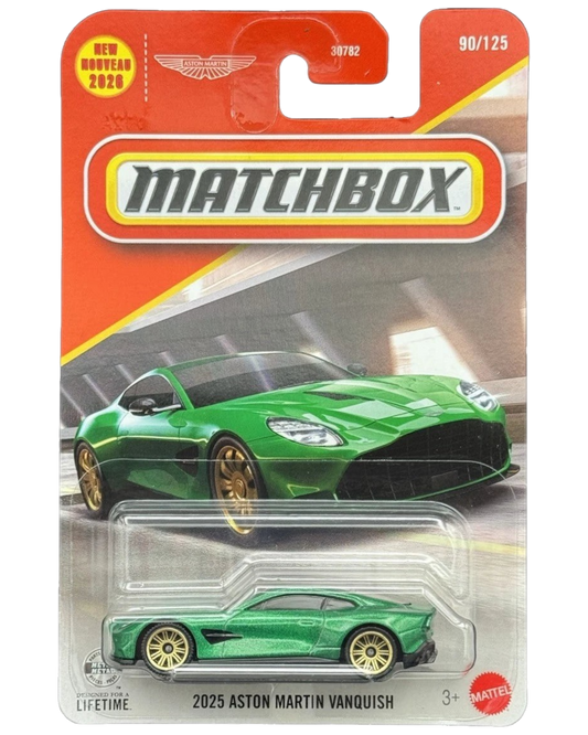 More Than Diecast 2025 Aston Martin Vanquish in green, a 1:64 scale Matchbox die-cast car in original packaging.