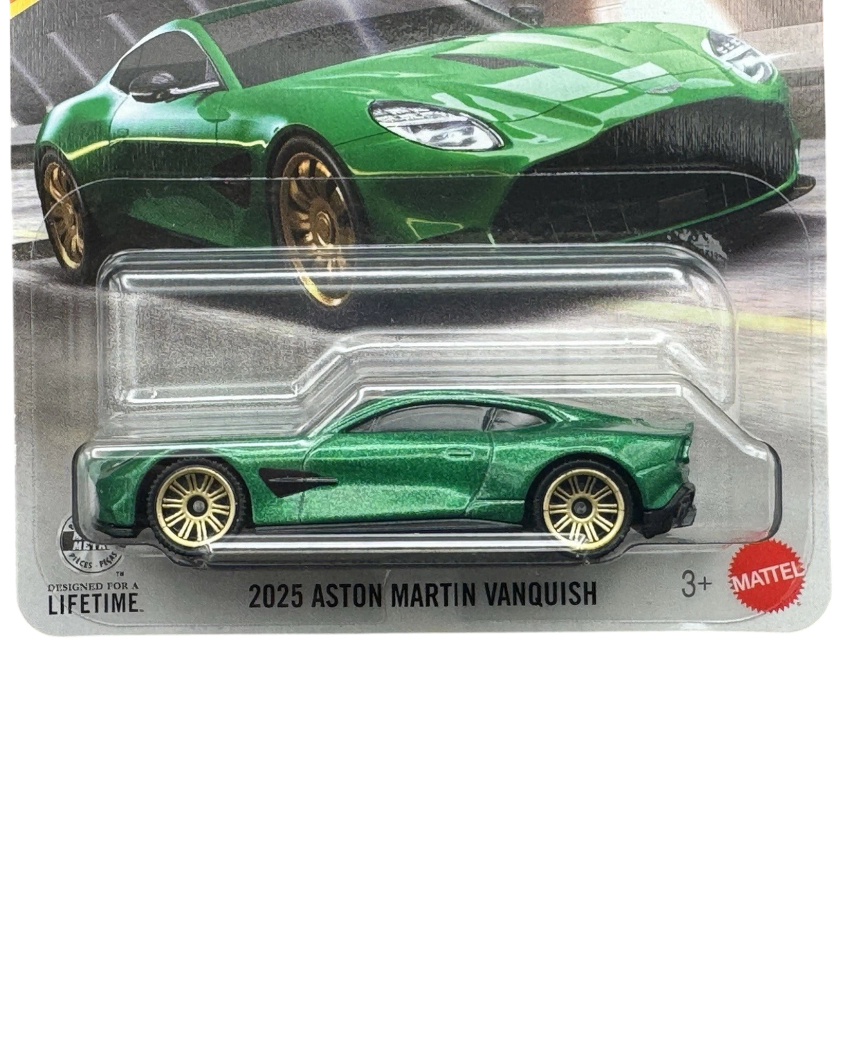More Than Diecast 2025 Aston Martin Vanquish die-cast car in metallic green with gold wheels in blister packaging