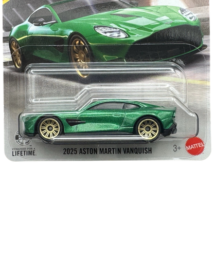 More Than Diecast 2025 Aston Martin Vanquish die-cast car in metallic green with gold wheels in blister packaging