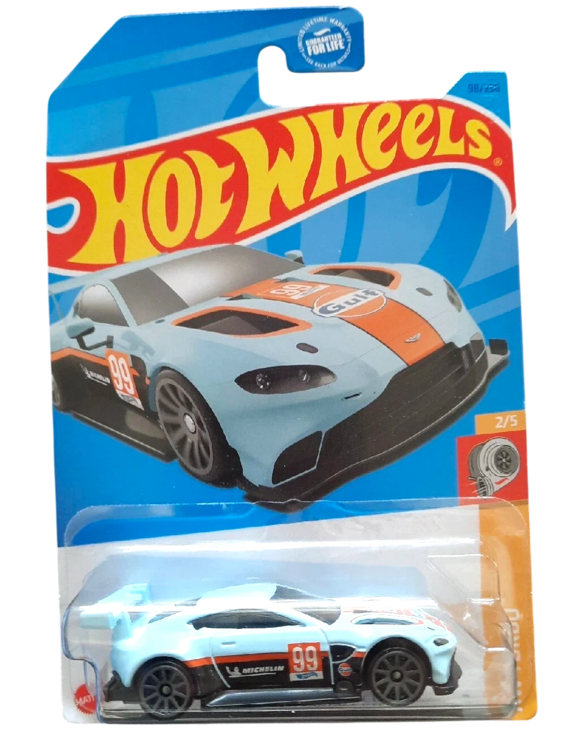 More Than Diecast Hot Wheels Aston Martin Vantage GTE in Gulf blue and orange livery with racing graphics on card