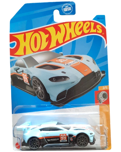 More Than Diecast Hot Wheels Aston Martin Vantage GTE in Gulf blue and orange livery with racing graphics on card