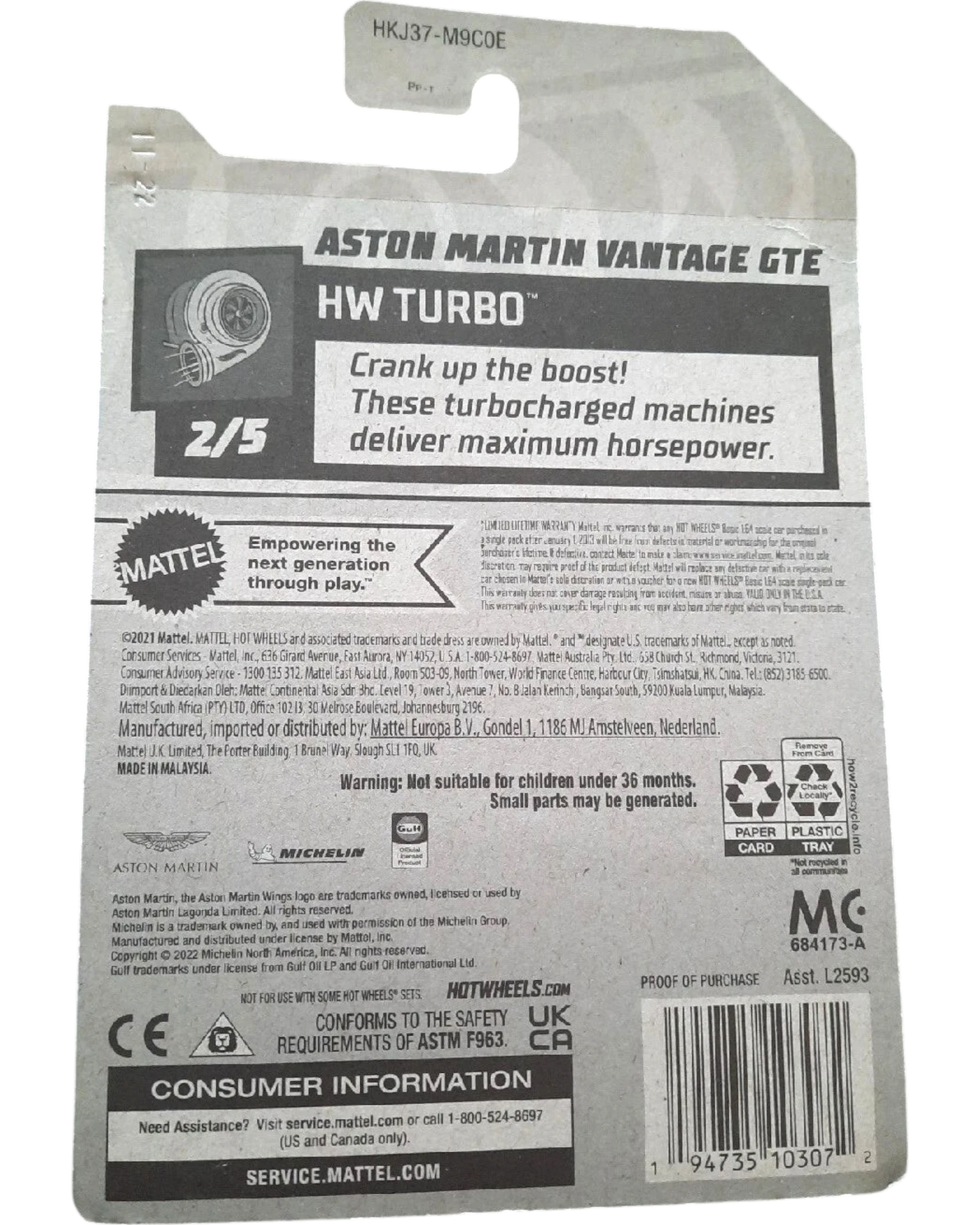 More Than Diecast Hot Wheels Aston Martin Vantage GTE packaging back showing product details and safety information