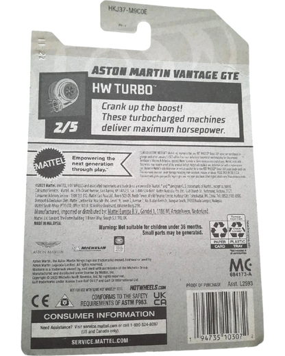 More Than Diecast Hot Wheels Aston Martin Vantage GTE packaging back showing product details and safety information