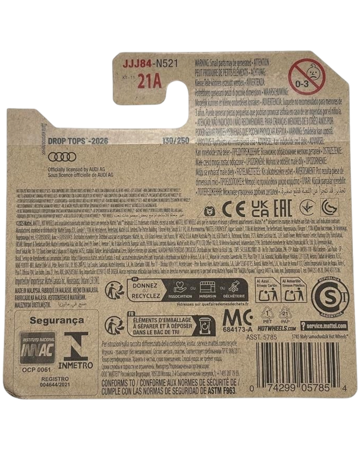 More Than Diecast Hot Wheels 2019 Audi R8 Spyder die-cast car in black packaging back view with product details
