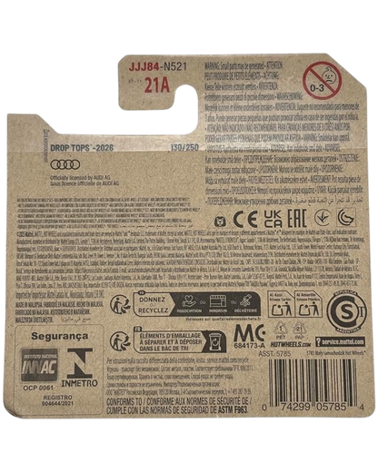 More Than Diecast Hot Wheels 2019 Audi R8 Spyder die-cast car in black packaging back view with product details
