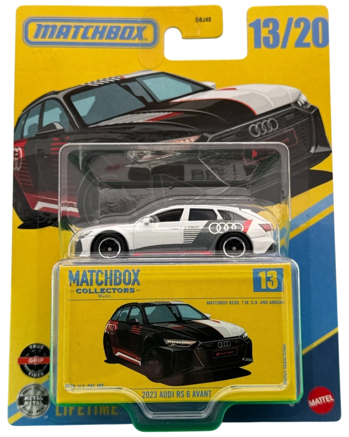 More Than Diecast 2023 Audi RS 6 Avant 1:64 scale premium diecast car in white on yellow Matchbox Collectors card