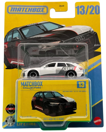 More Than Diecast 2023 Audi RS 6 Avant 1:64 scale premium diecast car in white on yellow Matchbox Collectors card