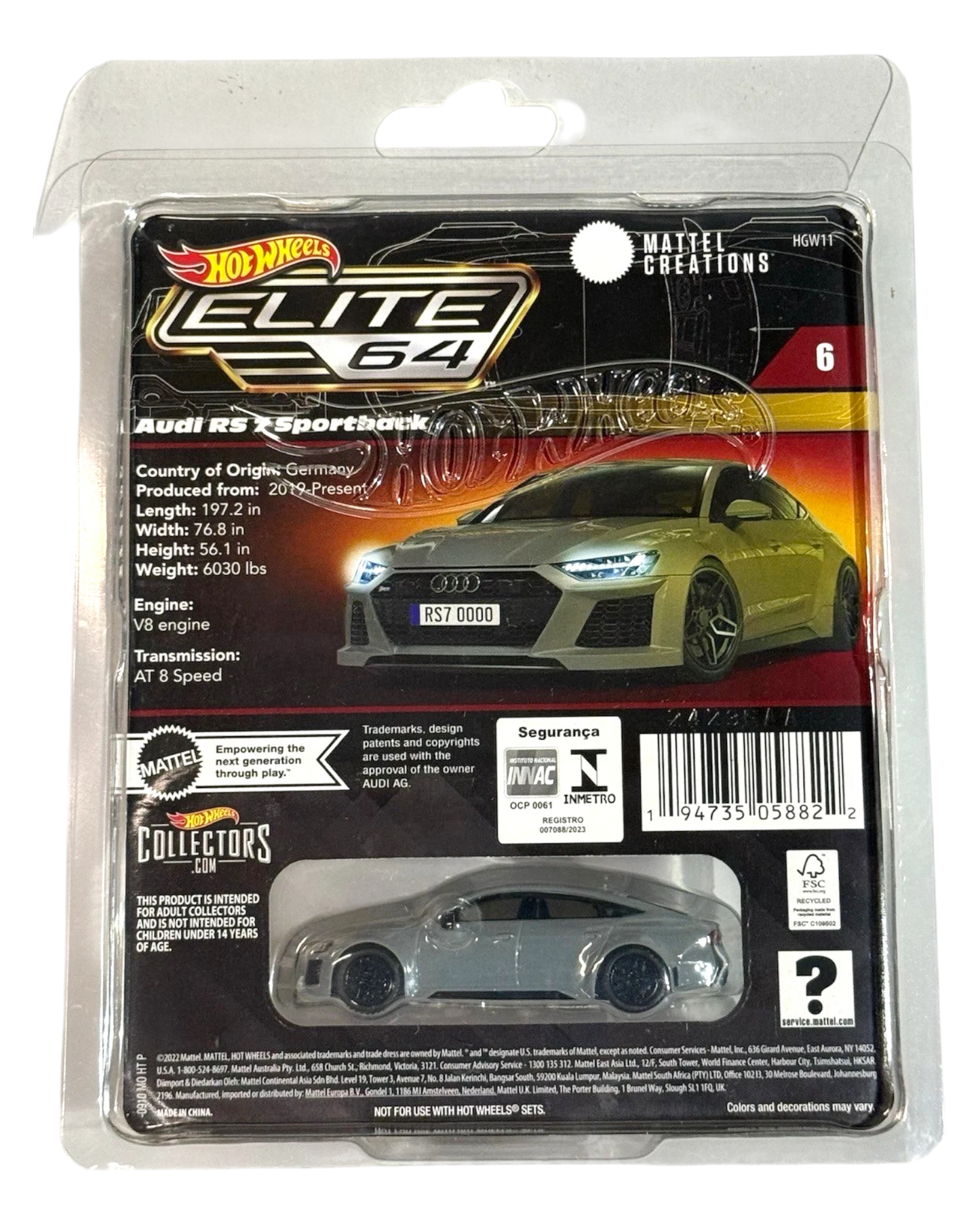 More Than Diecast Hot Wheels Elite 64 '21 Audi RS 7 Sportback, gray 1:64 scale diecast car with real riders.
