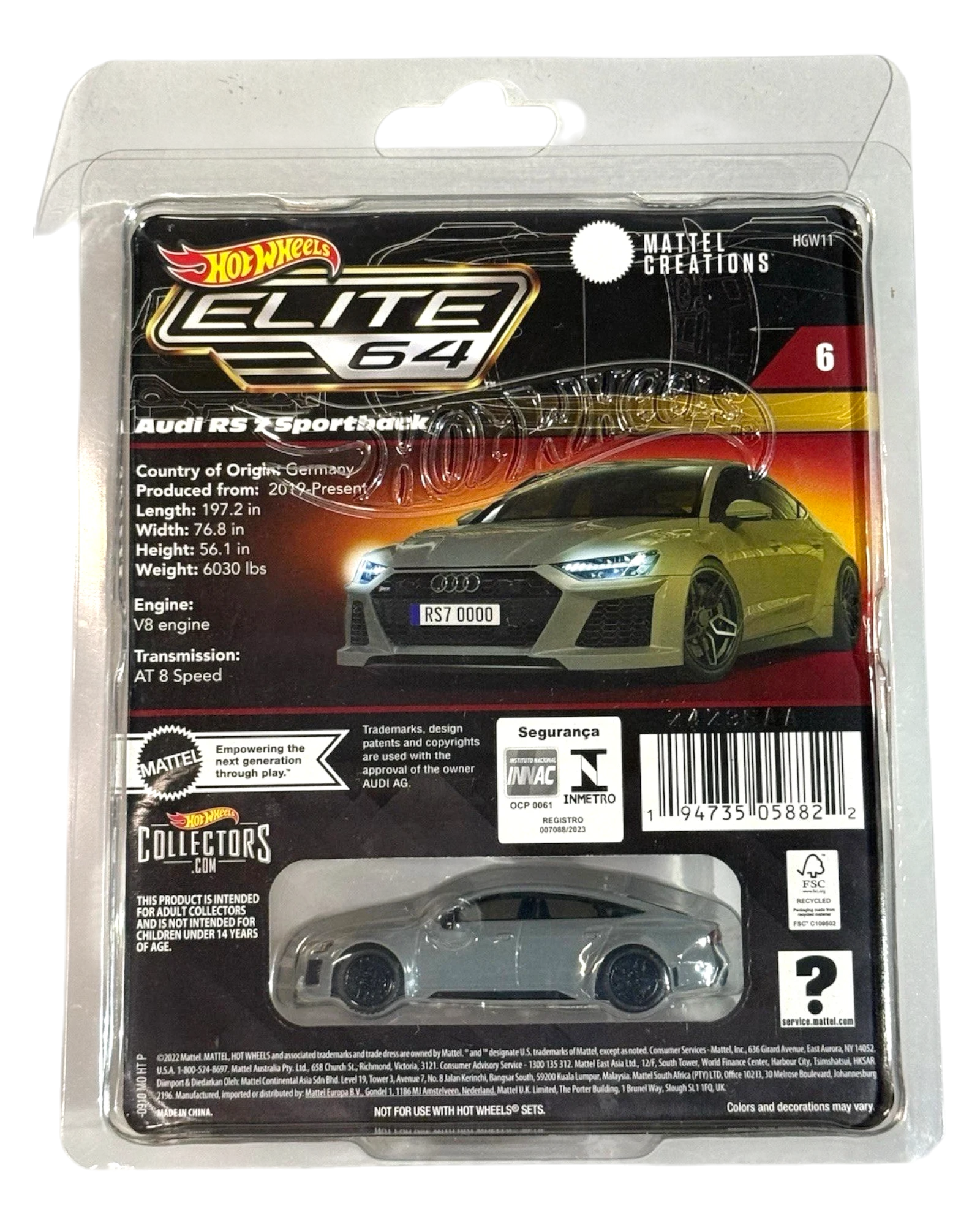 More Than Diecast Hot Wheels Elite 64 '21 Audi RS 7 Sportback, gray 1:64 scale diecast car with real riders.