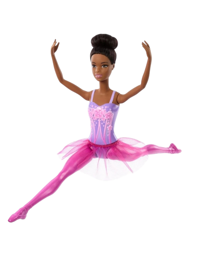 More Than Diecast Barbie Ballerina Doll in a purple tutu with pink ballet shoes, performing a split leap.