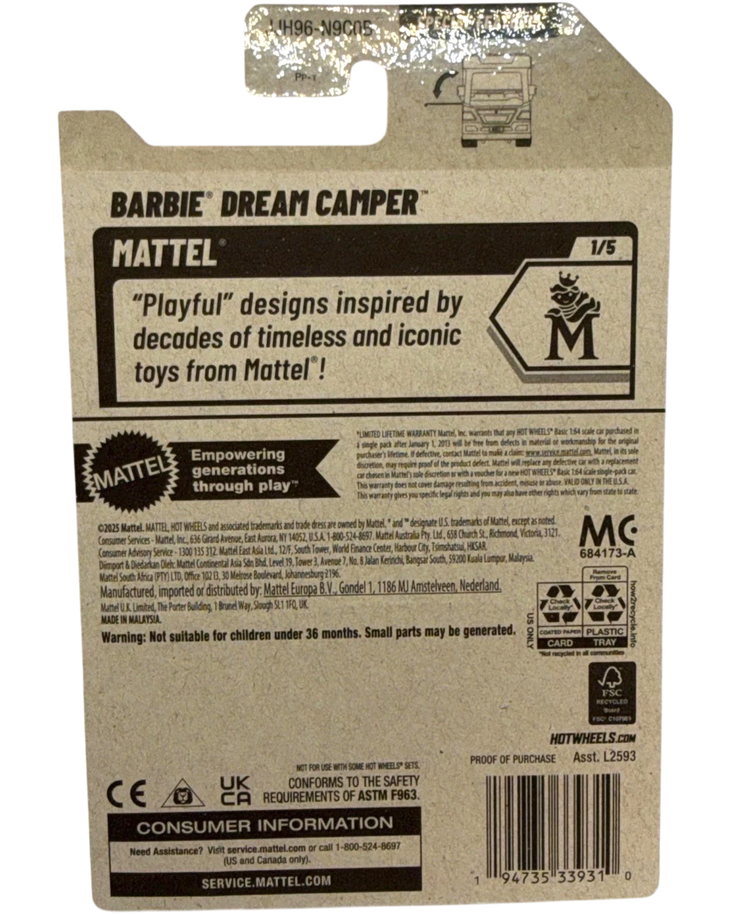 More Than Diecast Barbie Dream Camper Hot Wheels 1/5 scale toy car packaging. Pink and white.