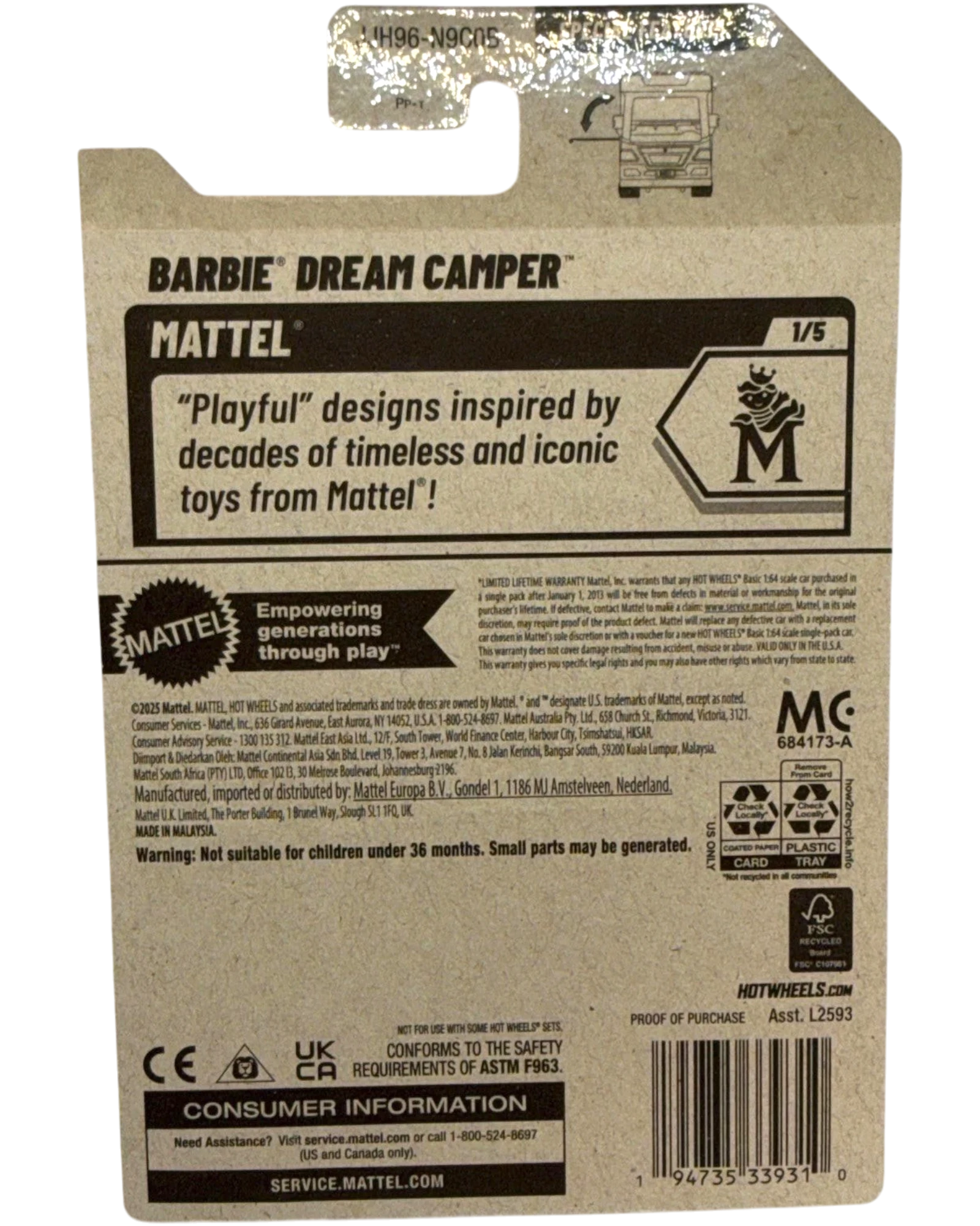 More Than Diecast Barbie Dream Camper Hot Wheels 1/5 scale toy car packaging. Pink and white.