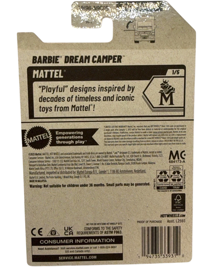 More Than Diecast Barbie Dream Camper Hot Wheels 1/5 scale toy car packaging. Pink and white.