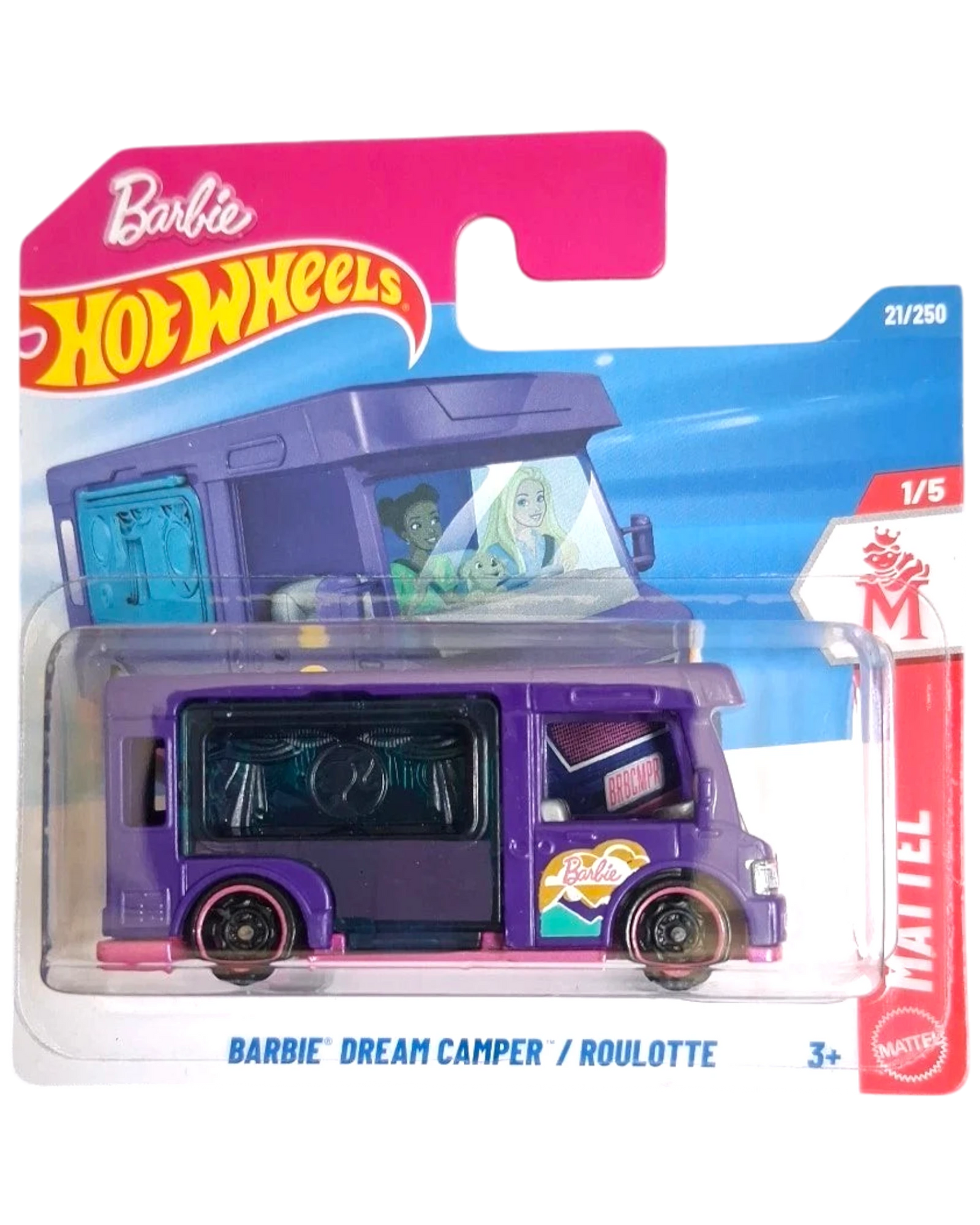 More Than Diecast Barbie Dream Camper toy RV, purple with pink accents, featuring Barbie branding and graphics.