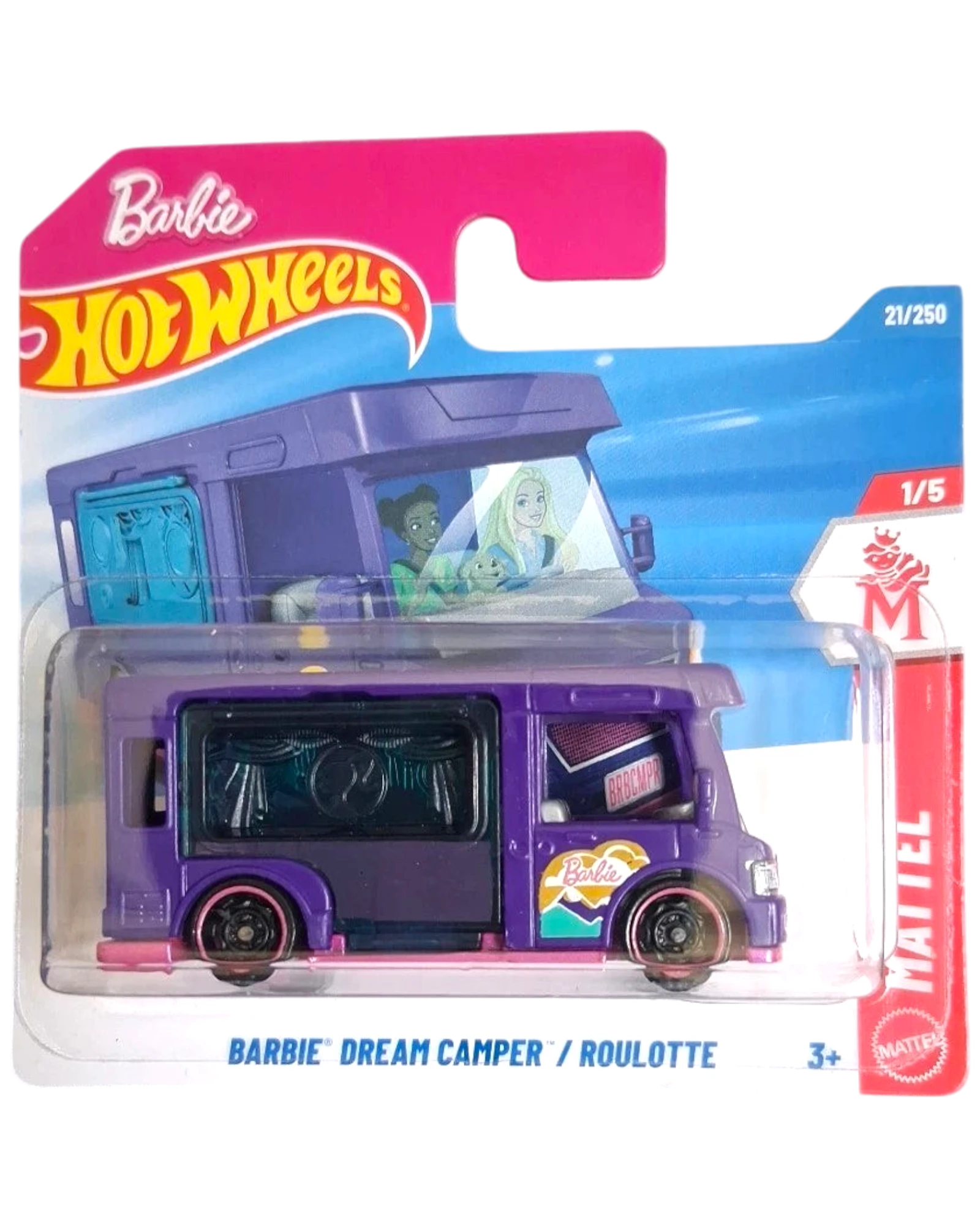 More Than Diecast Barbie Dream Camper toy RV, purple with pink accents, featuring Barbie branding and graphics.