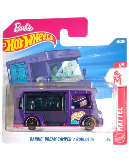 More Than Diecast Barbie Dream Camper toy RV, purple with pink accents, featuring Barbie branding and graphics.