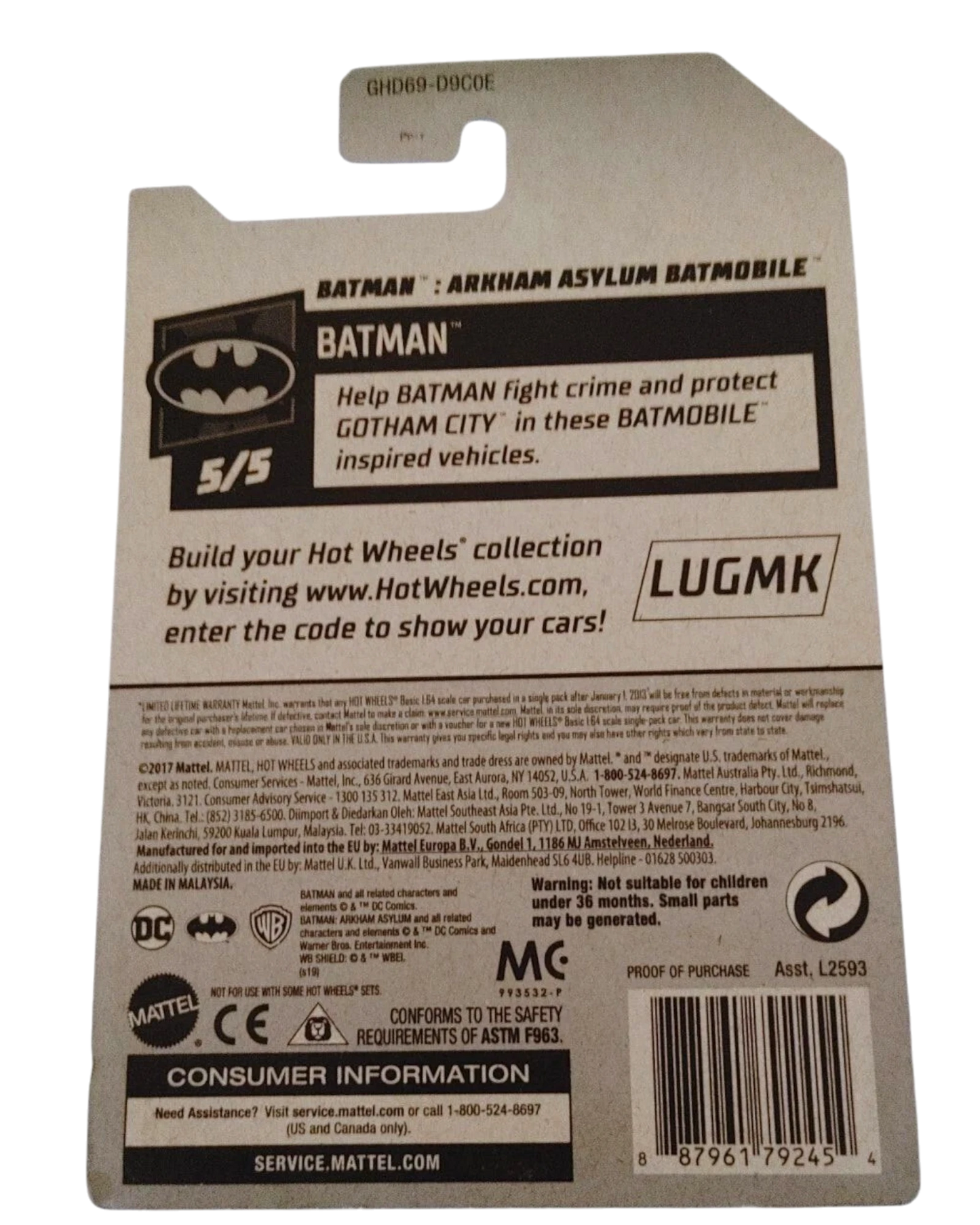 More Than Diecast Hot Wheels Batman Arkham Asylum Batmobile card back with product information and branding