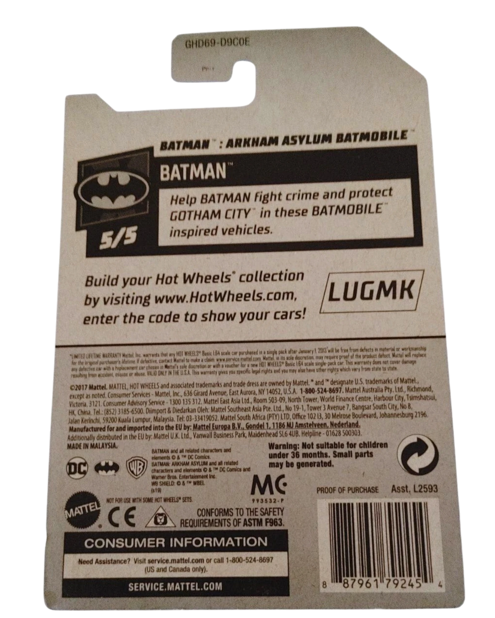 More Than Diecast Hot Wheels Batman Arkham Asylum Batmobile card back with product information and branding