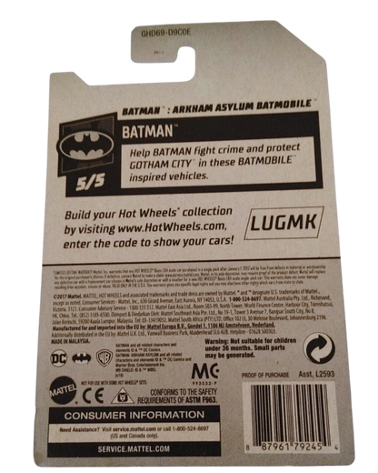 More Than Diecast Hot Wheels Batman Arkham Asylum Batmobile card back with product information and branding