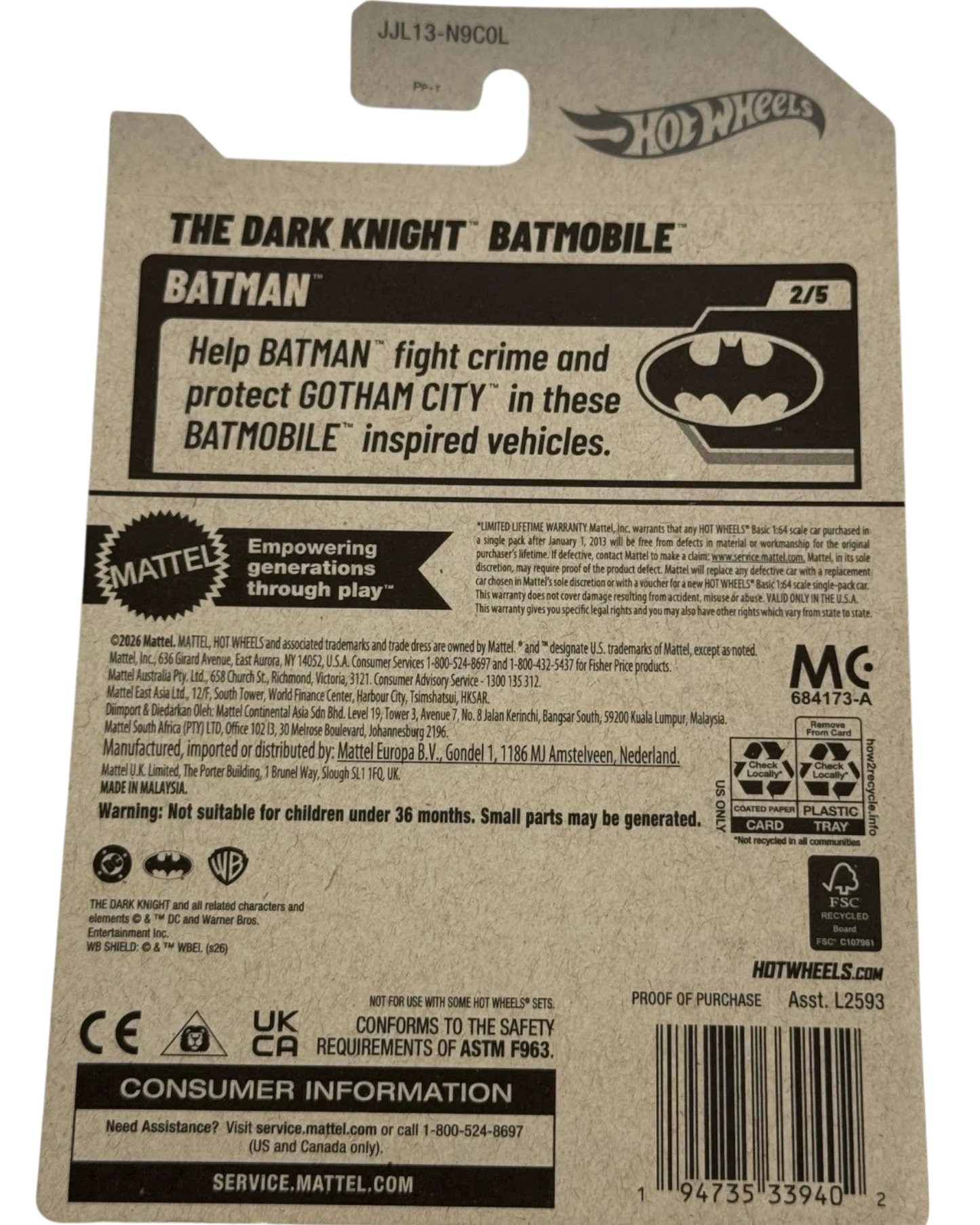 Back of More Than Diecast Hot Wheels The Dark Knight Batmobile packaging showing product details and barcode.