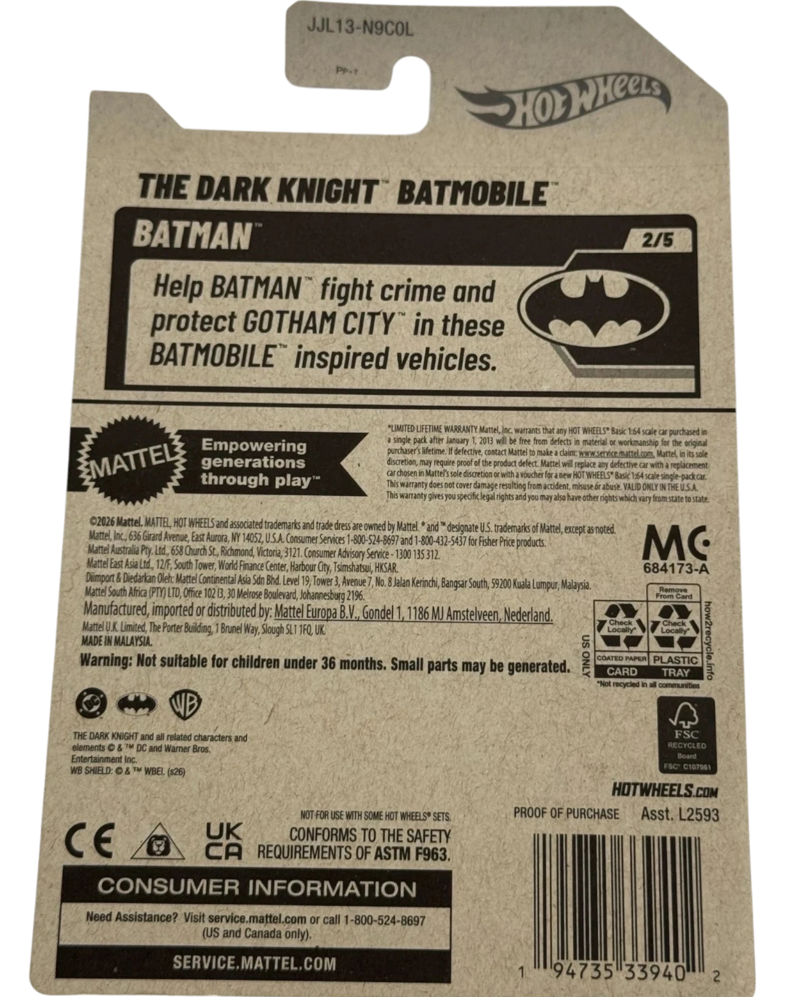 Back of More Than Diecast Hot Wheels The Dark Knight Batmobile packaging showing product details and barcode.
