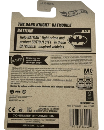 Back of More Than Diecast Hot Wheels The Dark Knight Batmobile packaging showing product details and barcode.