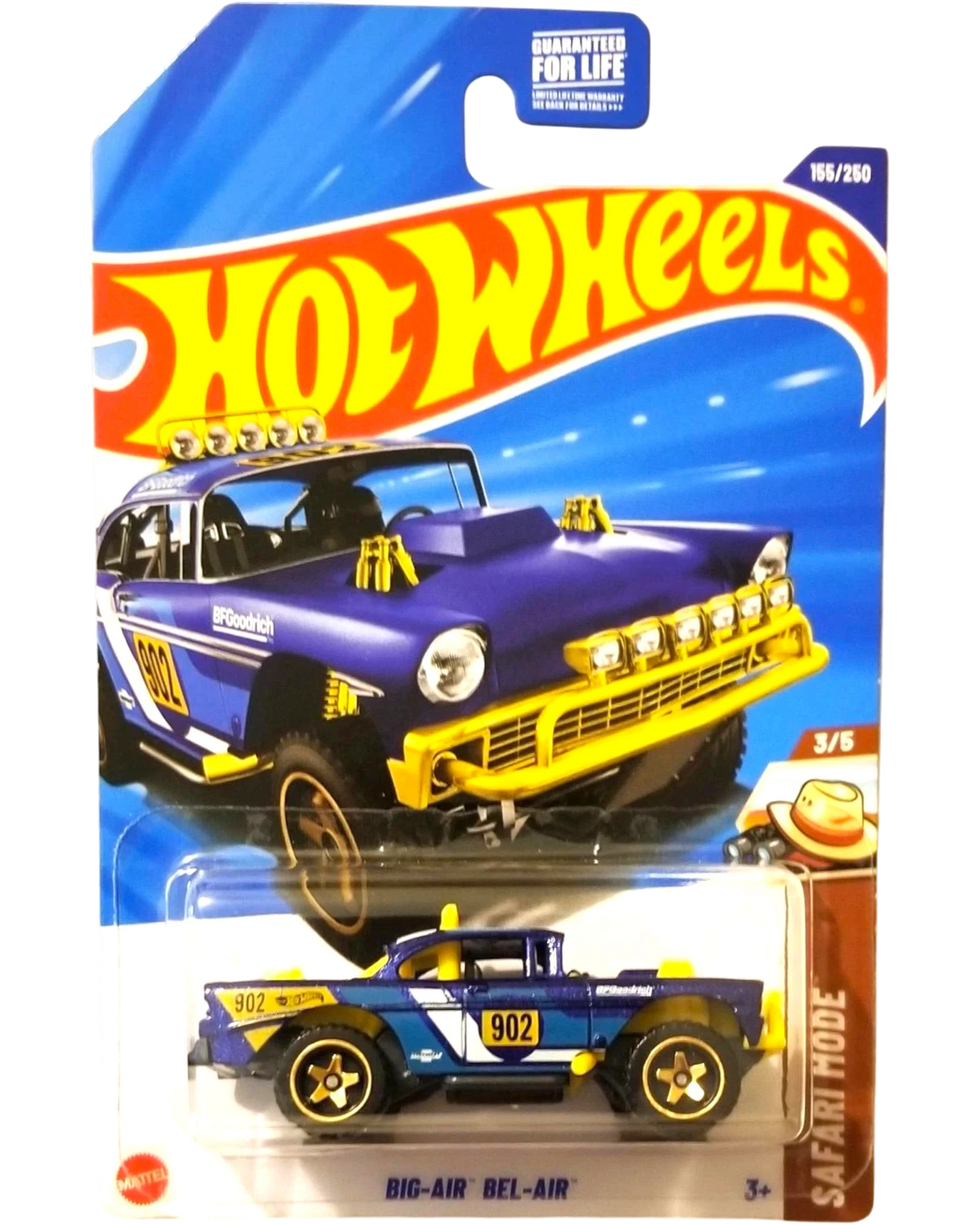 More Than Diecast Hot Wheels 2025 Safari Mode Big-Air Bel-Air diecast car in blue and yellow on blister card packaging