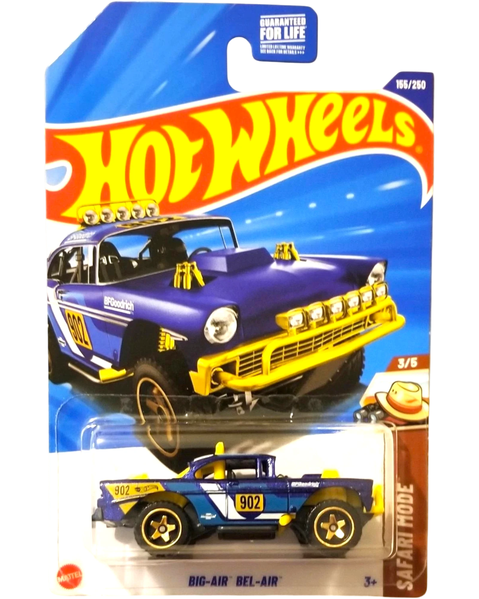 More Than Diecast Hot Wheels 2025 Safari Mode Big-Air Bel-Air diecast car in blue and yellow on blister card packaging
