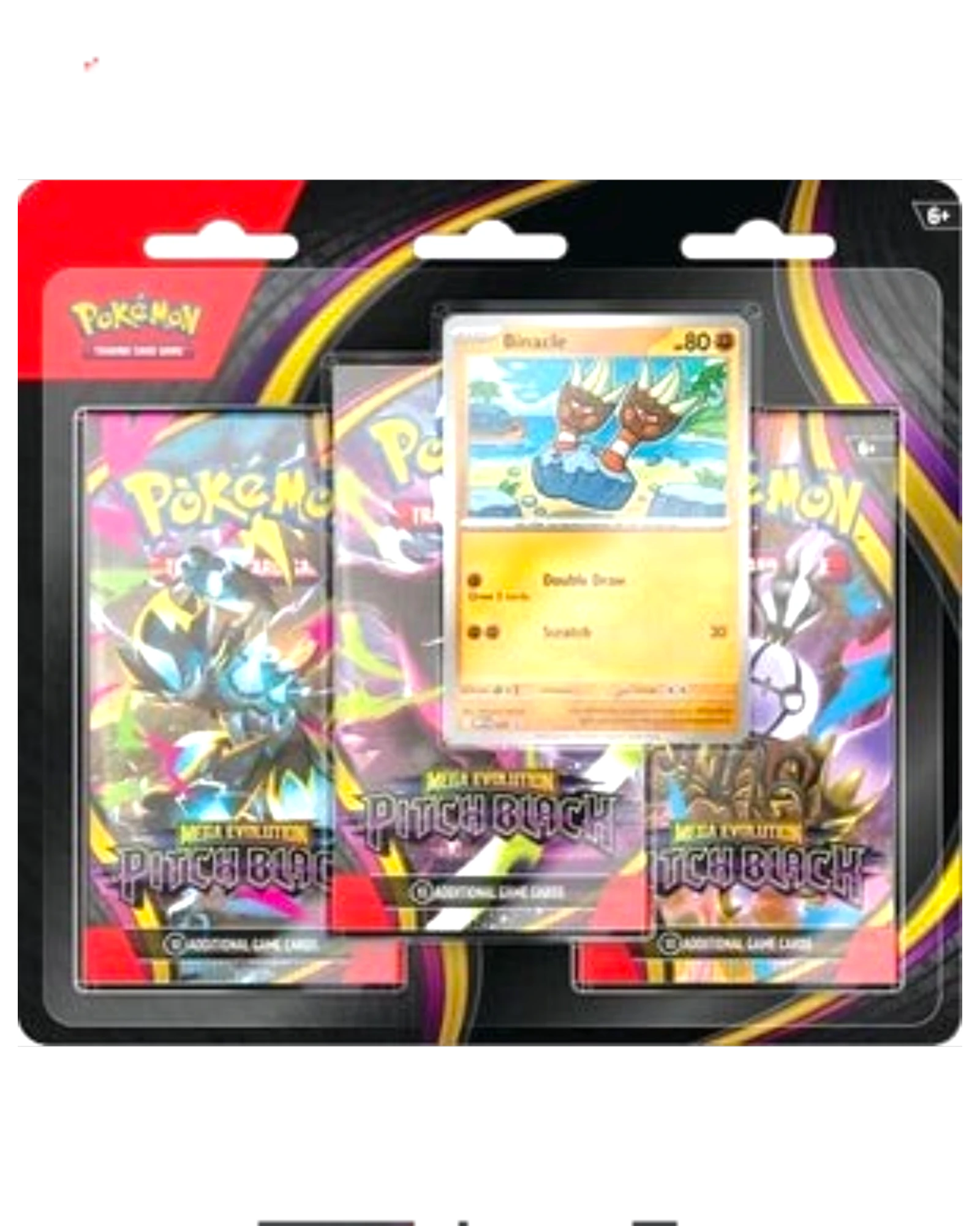 More Than Diecast 3-pack Pokemon Pitch Black blister set featuring a Binacle trading card and three booster packs.