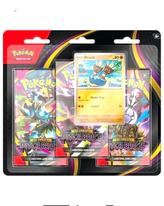 More Than Diecast 3-pack Pokemon Pitch Black blister set featuring a Binacle trading card and three booster packs.