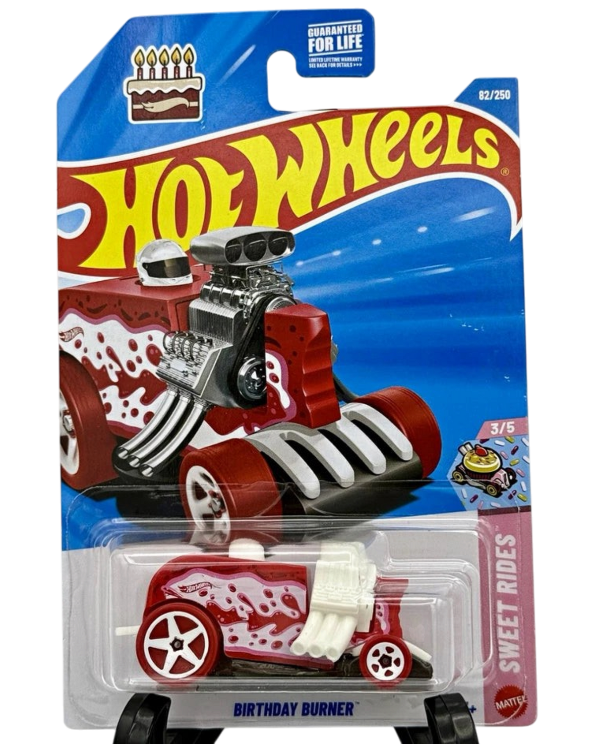 More Than Diecast Hot Wheels Birthday Burner 1:64 scale red and white cake-themed diecast car in original packaging