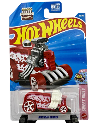 More Than Diecast Hot Wheels Birthday Burner 1:64 scale red and white cake-themed diecast car in original packaging