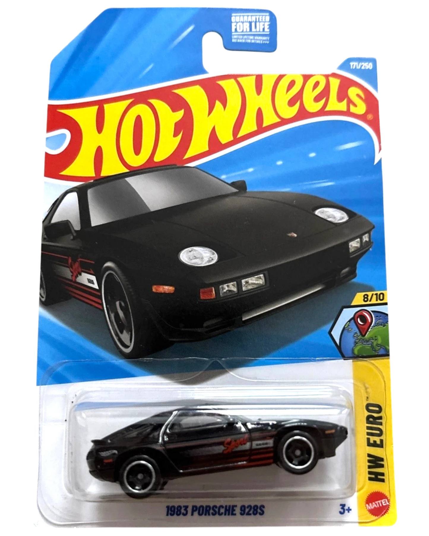 More Than Diecast black 1983 Porsche 928S Hot Wheels toy car with red racing stripes