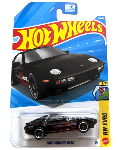 More Than Diecast black 1983 Porsche 928S Hot Wheels toy car with red racing stripes