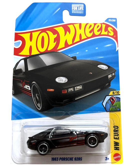 More Than Diecast black 1983 Porsche 928S Hot Wheels toy car with red racing stripes