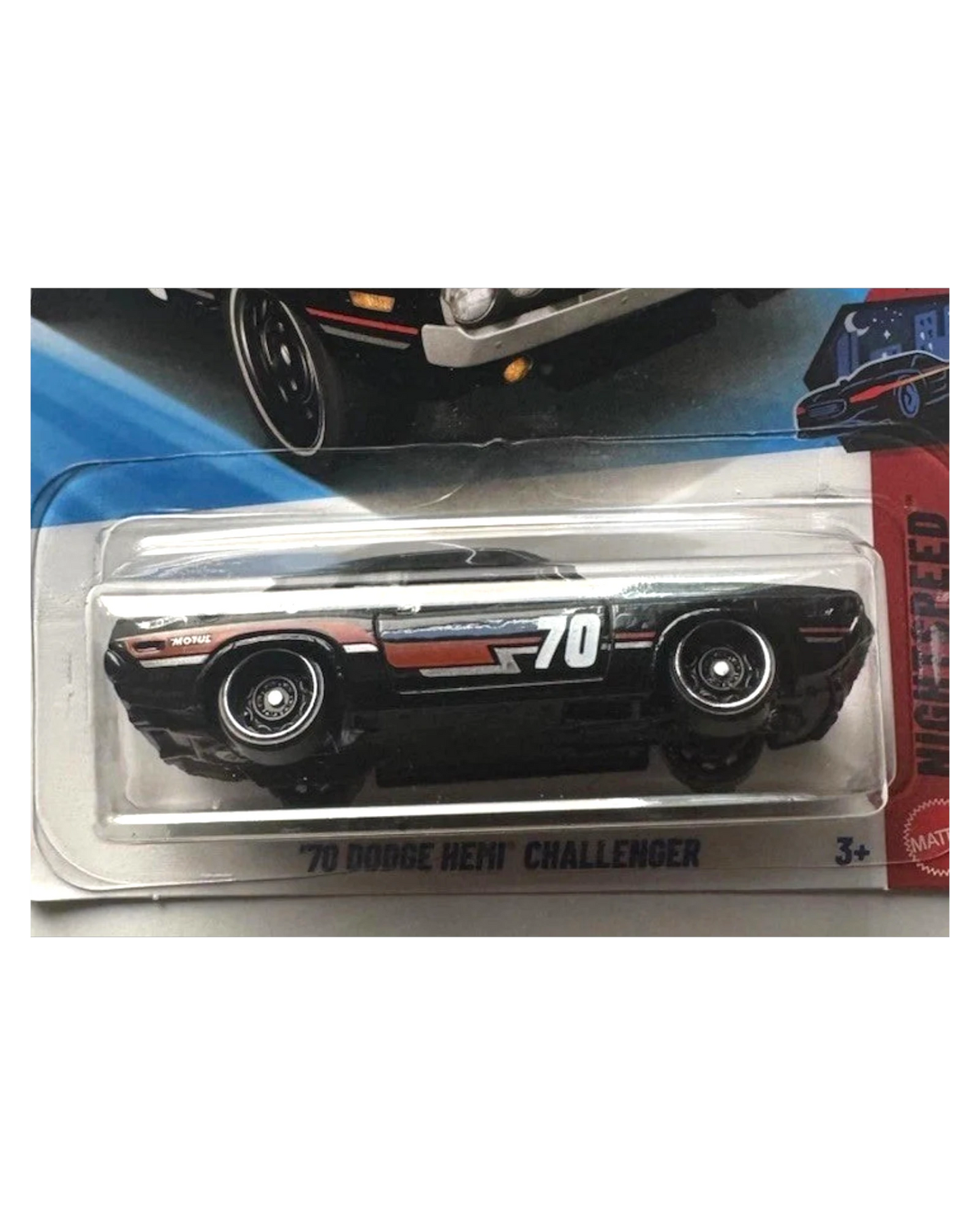 More Than Diecast black 1970 Dodge Hemi Challenger Hot Wheels toy car with racing stripes and '70 graphic.