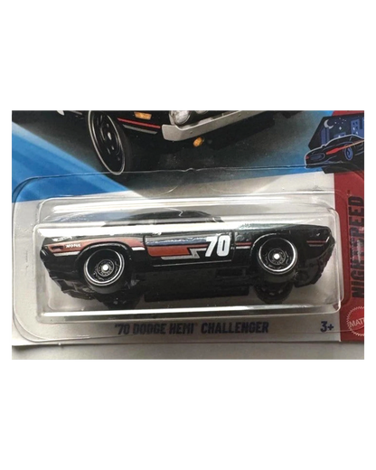 More Than Diecast black 1970 Dodge Hemi Challenger Hot Wheels toy car with racing stripes and '70 graphic.