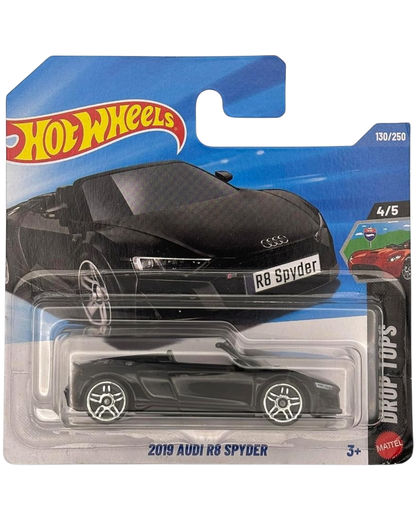 More Than Diecast Hot Wheels 2019 Audi R8 Spyder in black, 1:64 scale die-cast supercar on a short card blister pack.