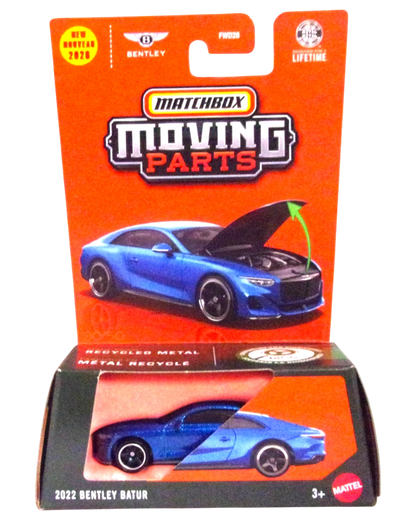More Than Diecast Matchbox Moving Parts 2022 Bentley Batur die-cast car in blue, displayed in its original packaging.