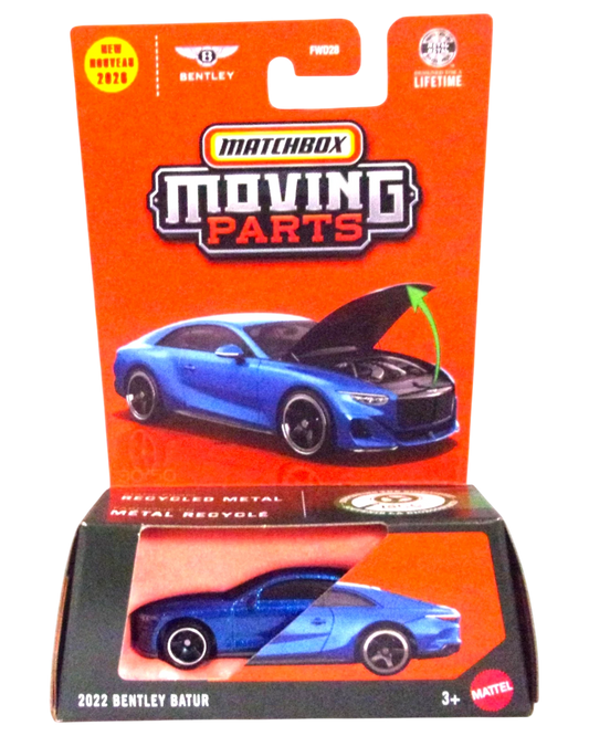More Than Diecast Matchbox Moving Parts 2022 Bentley Batur die-cast car in blue, displayed in its original packaging.