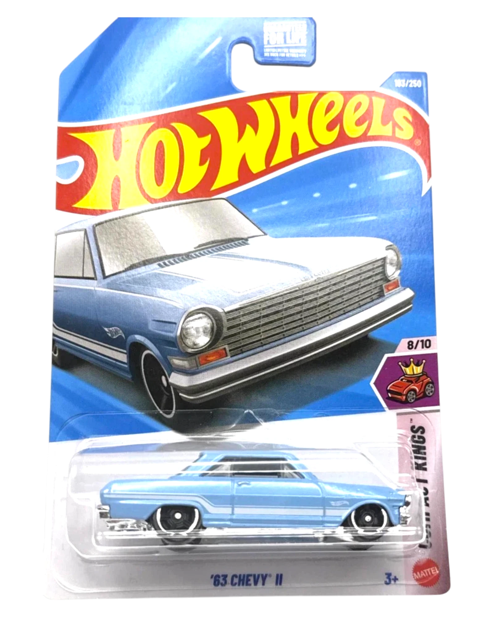 More Than Diecast Hot Wheels light blue 63 Chevy II die-cast car in original blister pack packaging