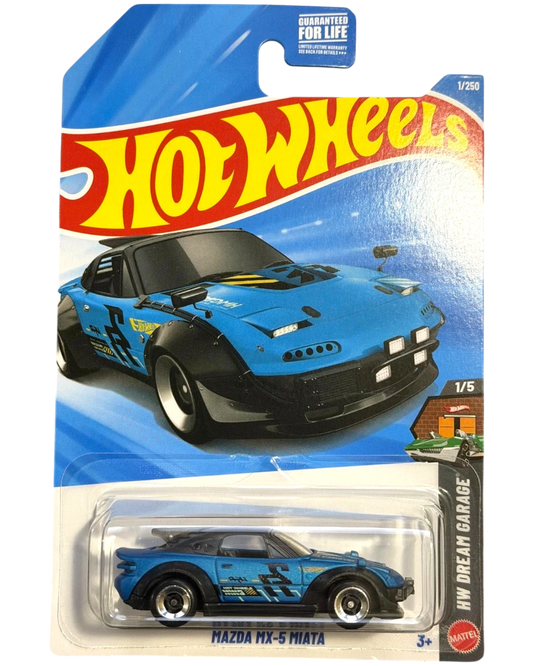 More Than Diecast Hot Wheels blue Mazda MX-5 Miata die-cast car in original blister pack packaging