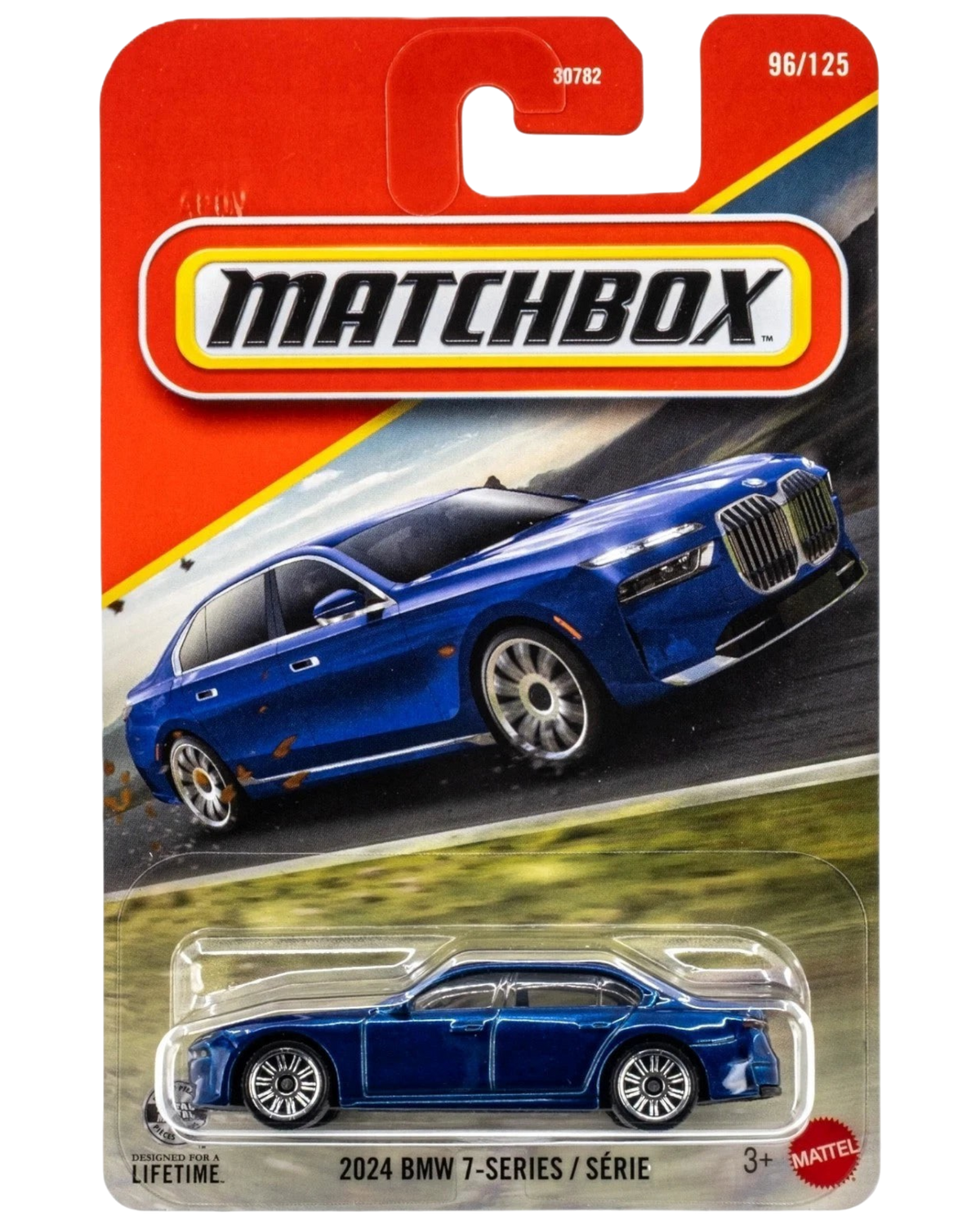 More Than Diecast 1:64 scale 2024 BMW 7 Series die-cast car in Tanzanite Blue Metallic on blister card packaging