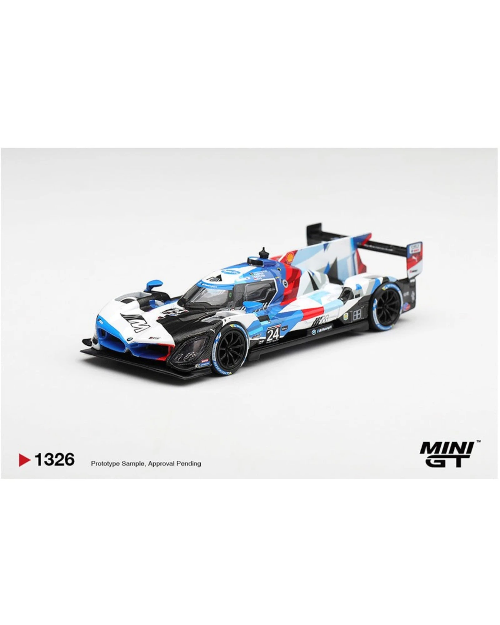More Than Diecast Mini GT 1:64 BMW M Hybrid V8 GTP #24 race car with white, blue, and red Daytona 24 livery.