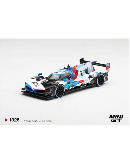 More Than Diecast Mini GT 1:64 BMW M Hybrid V8 GTP #24 race car with white, blue, and red Daytona 24 livery.