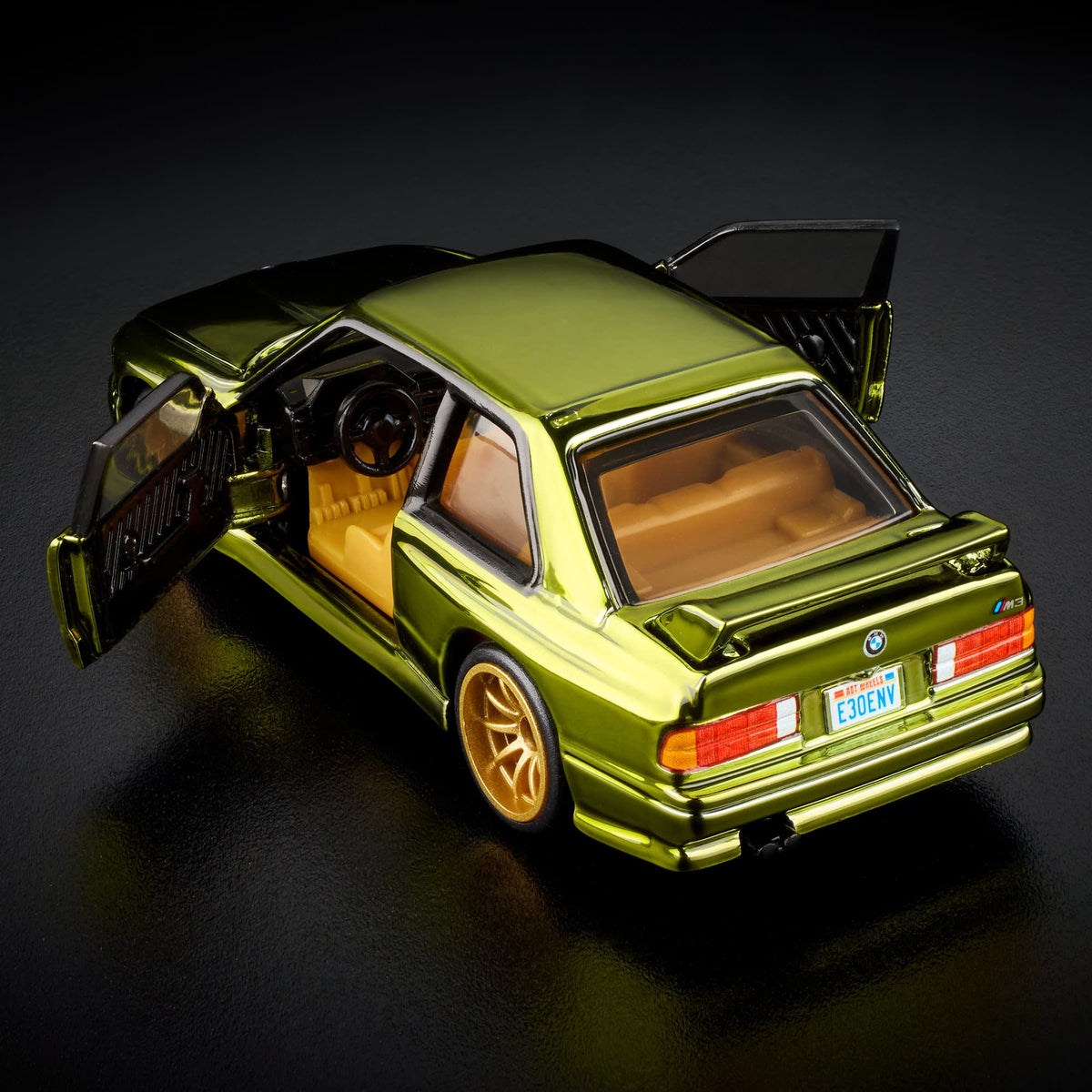 More Than Diecast 1:64 scale Hot Wheels RLC 1991 BMW M3 in spectraflame olive with opening doors and gold wheels