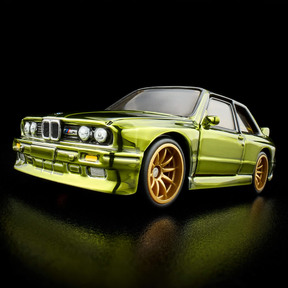 More Than Diecast 1:64 scale Hot Wheels RLC 1991 BMW M3 in Spectraflame olive with metallic-gold 10-spoke wheels.