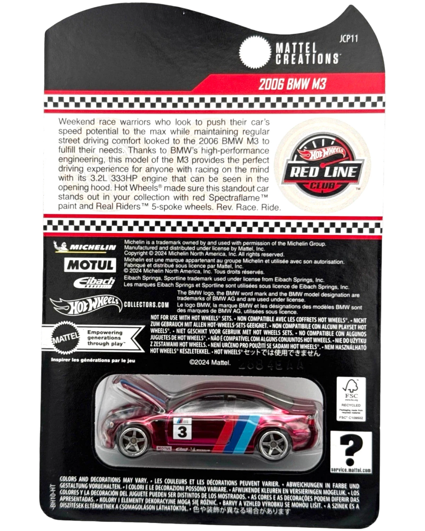 More Than Diecast Hot Wheels RLC 2006 BMW M3 E46 in Spectraflame Red with racing livery on blister card packaging