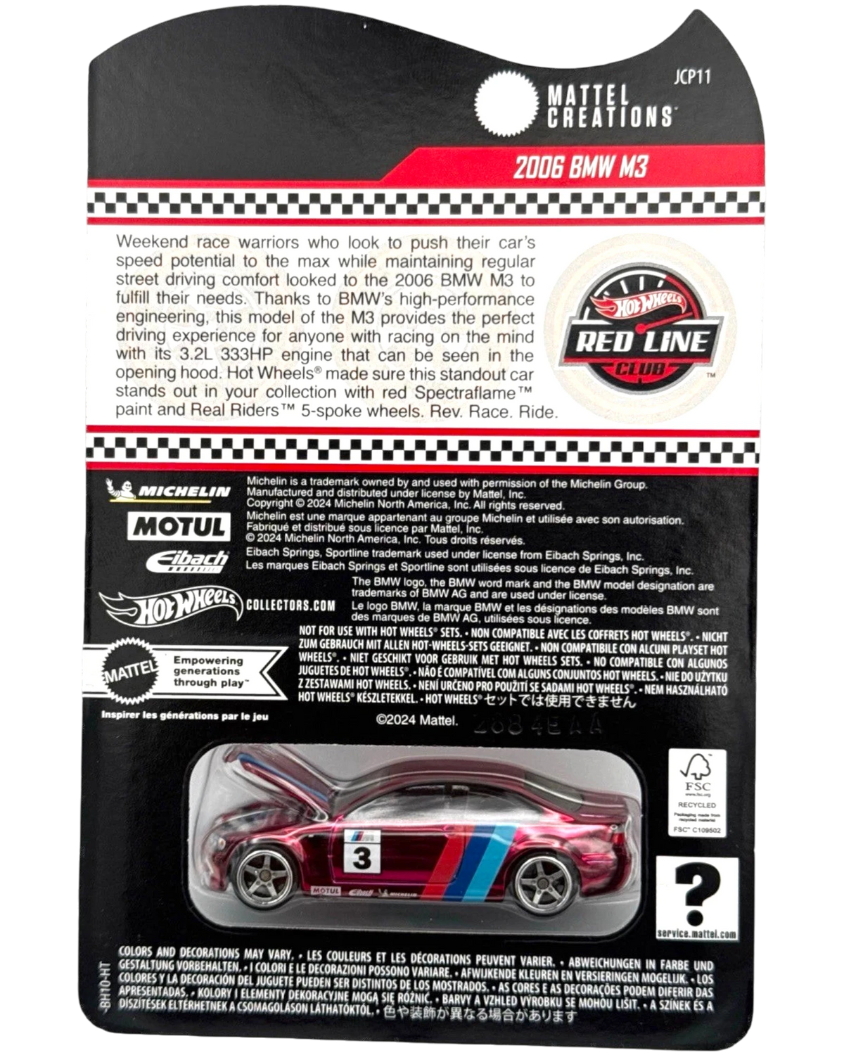 More Than Diecast Hot Wheels RLC 2006 BMW M3 E46 in Spectraflame Red with racing livery on blister card packaging