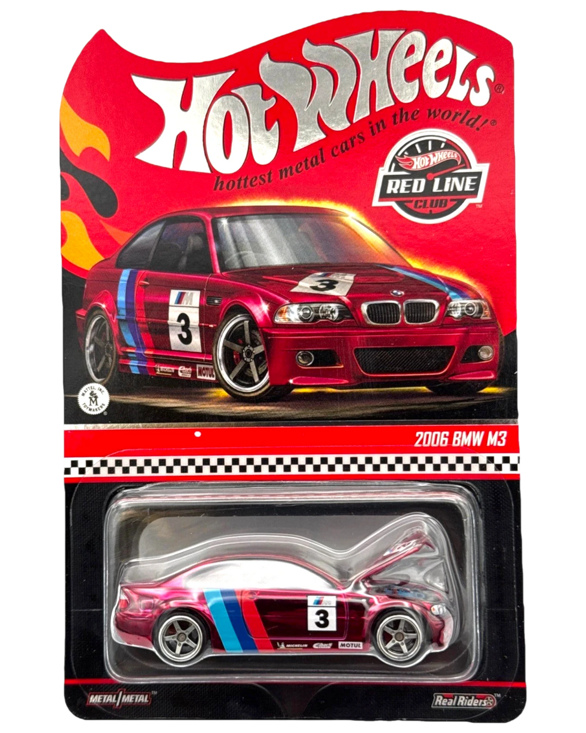 More Than Diecast 2025 Hot Wheels RLC Exclusive 2006 BMW M3 in Spectraflame Red with racing livery and Real Riders